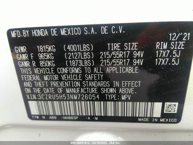 Honda HR-V EX 2022 3CZRU5H53NM726054 Image 9