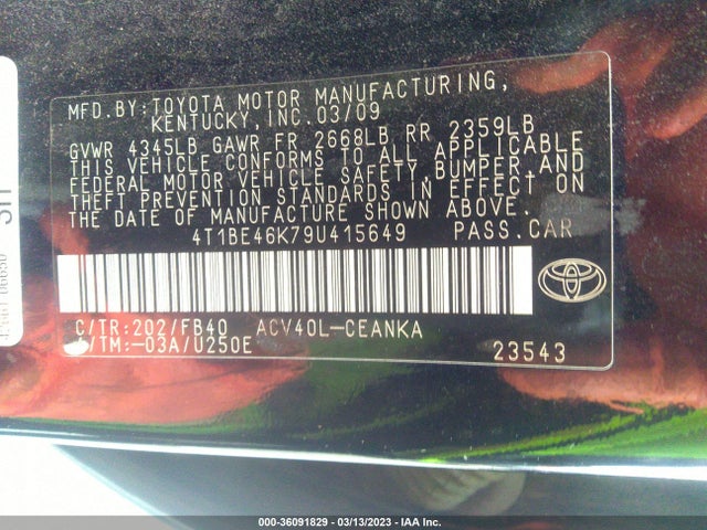 2009 TOYOTA CAMRY VIN: 4T1BE46K79U415649