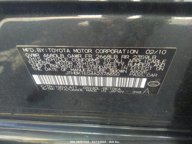 Lexus ES 350 2010 JTHBK1EG4A2378650 Image 9