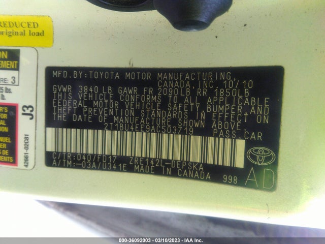 2010 TOYOTA COROLLA VIN: 2T1BU4EE9AC503719