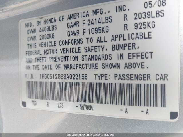 2008 HONDA ACCORD CPE EX-L VIN: 1HGCS12888A022156