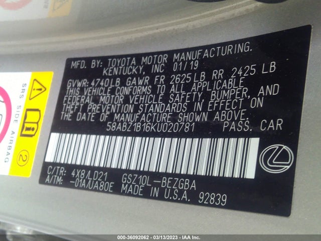 58ABZ1B16KU020781 Lexus Es Es 350