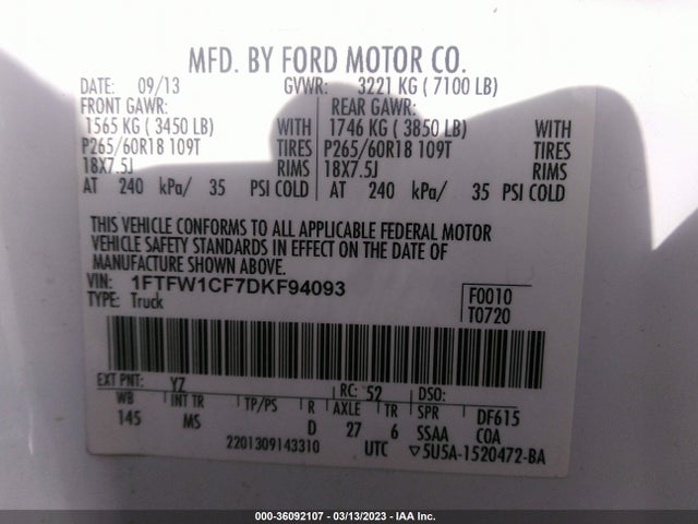 2013 FORD F-150 XL/XLT/FX2/LARIAT VIN: 1FTFW1CF7DKF94093
