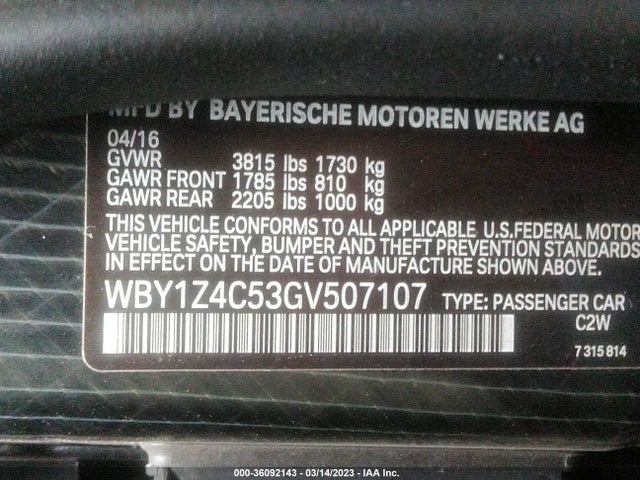 2016 BMW i3, VIN: WBY1Z4C53GV507107
