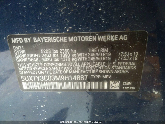 5UXTY3C03M9H14887 BMW X3 Sdrive30i