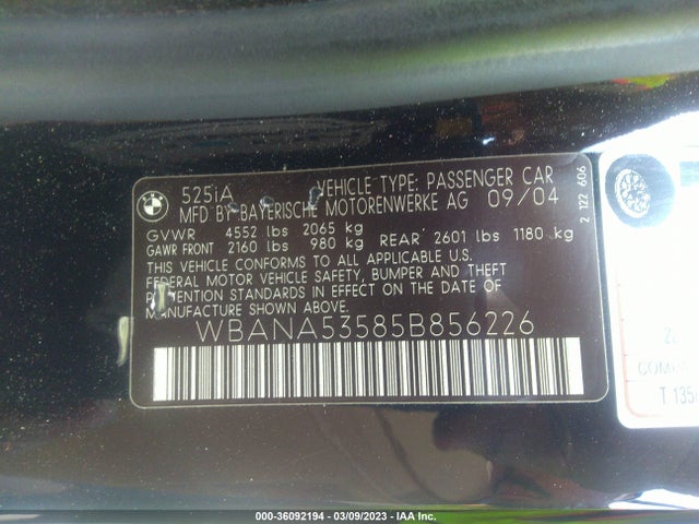 2005 BMW 5 SERIES 525I VIN: WBANA53585B856226