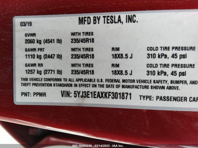 Tesla Model 3 Range 2019 5YJ3E1EAXKF301871 Image 10