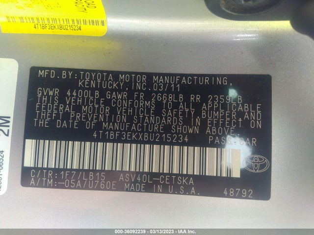 2011 TOYOTA CAMRY VIN: 4T1BF3EKXBU215234