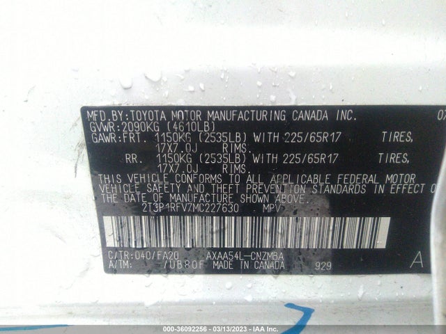 2021 TOYOTA RAV4 XLE VIN: 2T3P1RFV7MC227630