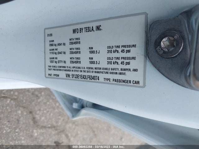 Tesla Model 3 Standard Range 2020 5YJ3E1EA3LF634074 Image 10