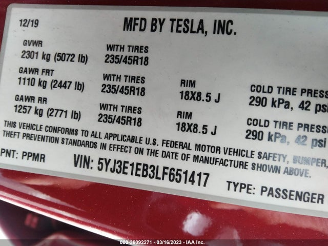 Tesla Model 3 Long Range 2020 5YJ3E1EB3LF651417 Image 10