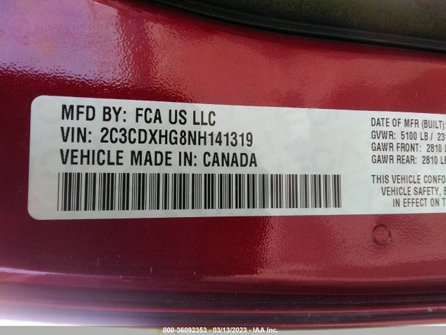 2022 DODGE CHARGER GT VIN: 2C3CDXHG8NH141319