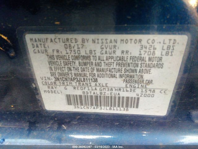 3N1CN7AP3JL811138 Nissan Versa Sedan Sv