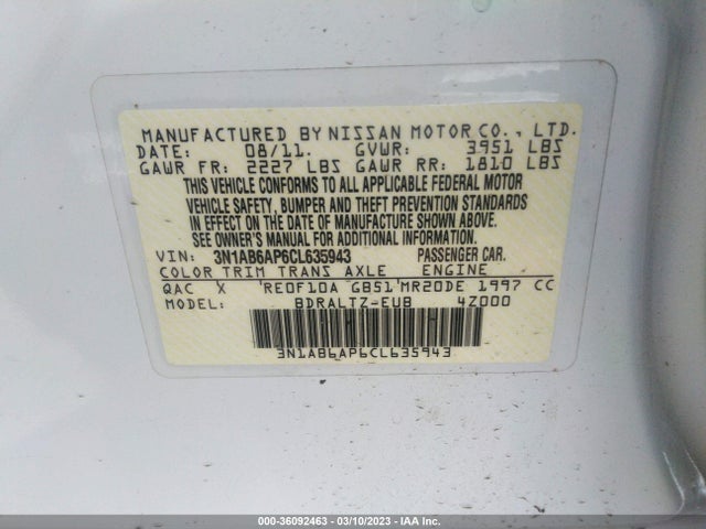 2012 NISSAN SENTRA 2.0 S VIN: 3N1AB6AP6CL635943