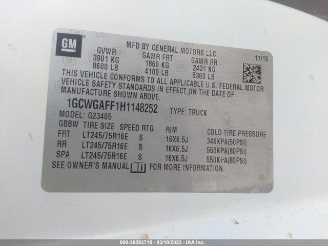 2017 Chevrolet Express, VIN: 1GCWGAFF1H1148252