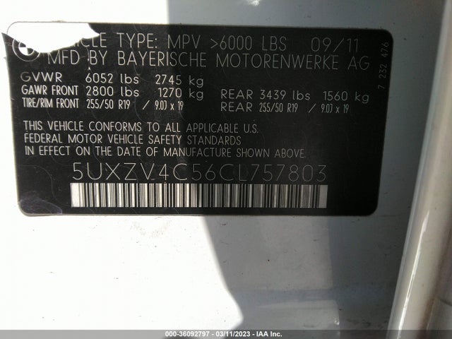 36092797 :رقم المزاد ، 5UXZV4C56CL757803 vin ، 2012 Bmw X5 35i مزاد بيع
