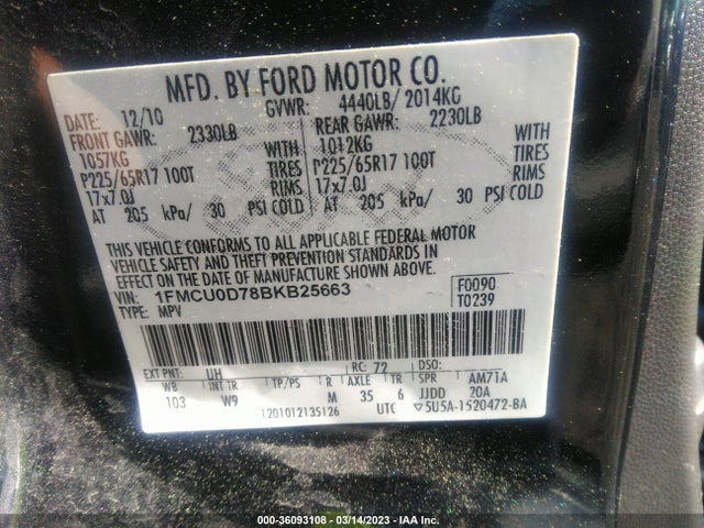 2011 FORD ESCAPE XLT VIN: 1FMCU0D78BKB25663