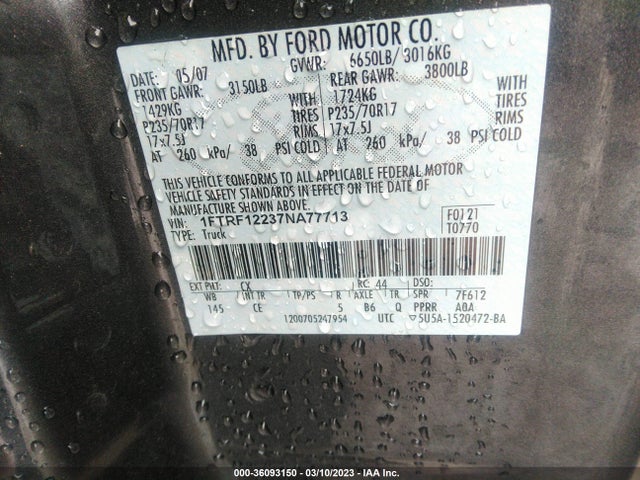 2007 FORD F-150 XL/STX/XLT VIN: 1FTRF12237NA77713