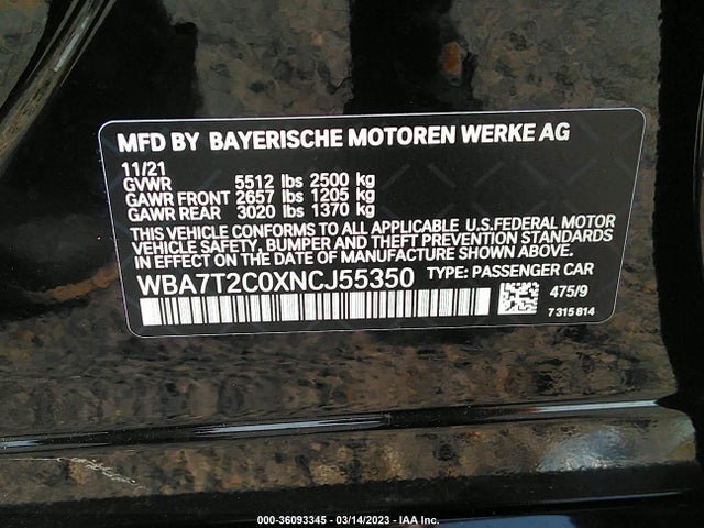 2022 BMW 7 Series, VIN: WBA7T2C0XNCJ55350