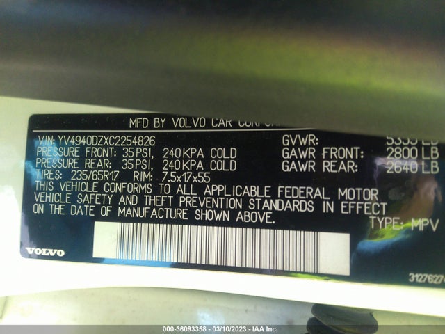 2012 VOLVO XC60 3.2L VIN: YV4940DZXC2254826