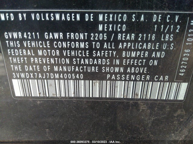 2013 VOLKSWAGEN JETTA SEDAN SE W/CONVENIENCE/SUNROOF VIN: 3VWDX7AJ7DM400540
