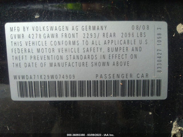 2009 VOLKSWAGEN RABBIT S VIN: WVWDA71K29W074909