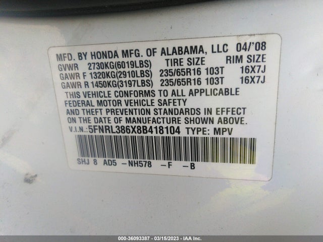 Honda Odyssey Ex-l 2008 5FNRL386X8B418104 Image 10