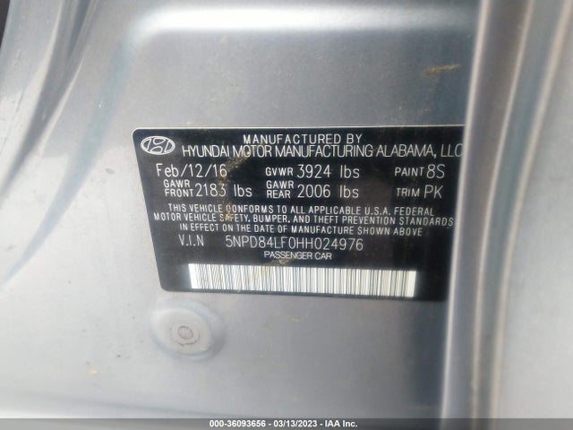 2017 HYUNDAI ELANTRA SE VIN: 5NPD84LF0HH024976