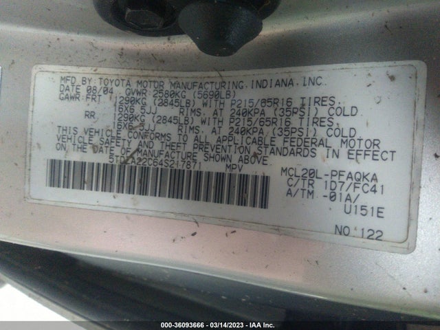 2004 TOYOTA SIENNA XLE VIN: 5TDZA22C64S217871