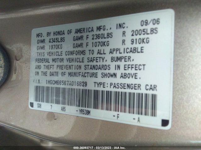 2007 HONDA ACCORD SDN EX-L VIN: 1HGCM66567A016829