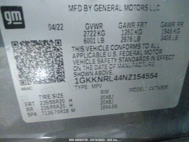 1GKKNRL44NZ154554 GMC ACADIA SLE