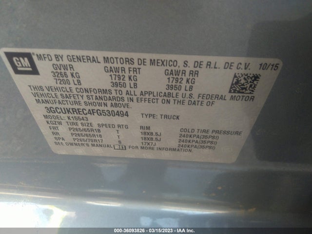 2015 CHEVROLET SILVERADO 1500 LT VIN: 3GCUKREC4FG530494