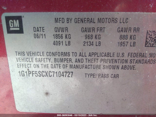 2012 CHEVROLET CRUZE LT W/1LT VIN: 1G1PF5SCXC7104727