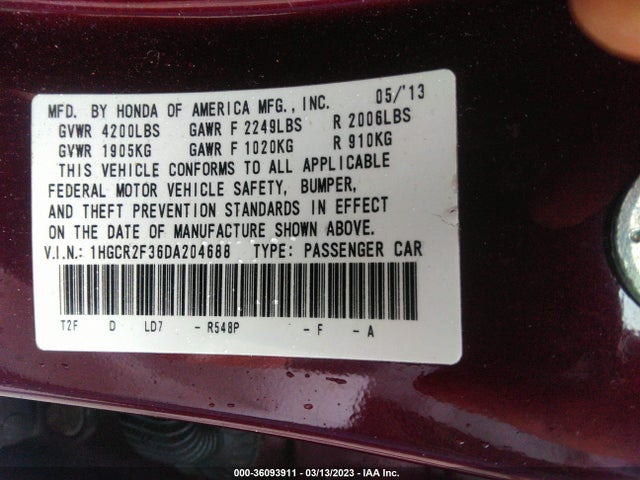 2013 HONDA ACCORD SDN LX VIN: 1HGCR2F36DA204688
