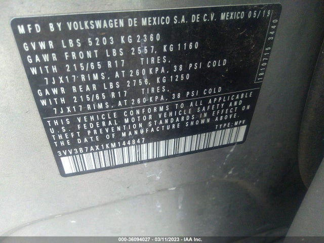 3VV3B7AX1KM144847 Volkswagen Tiguan Se/sel/sel R-line