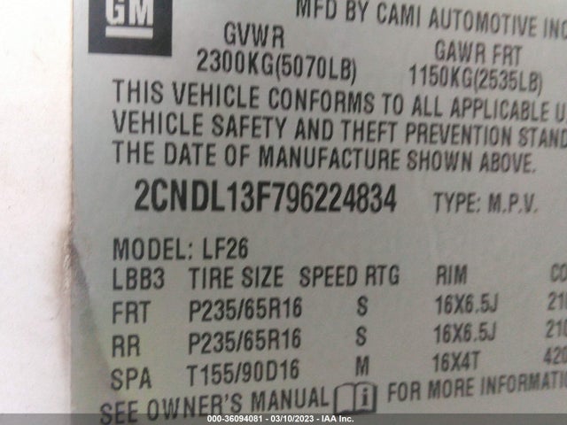2009 CHEVROLET EQUINOX LS VIN: 2CNDL13F796224834