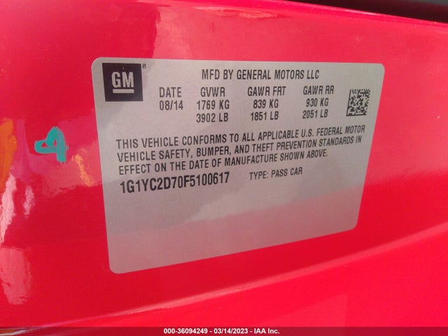 Chevrolet Corvette 2lt 2015 1G1YC2D70F5100617 Image 10