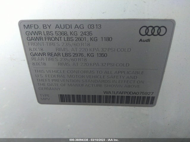2013 AUDI Q5 PREMIUM PLUS VIN: WA1LFAFP0DA075927