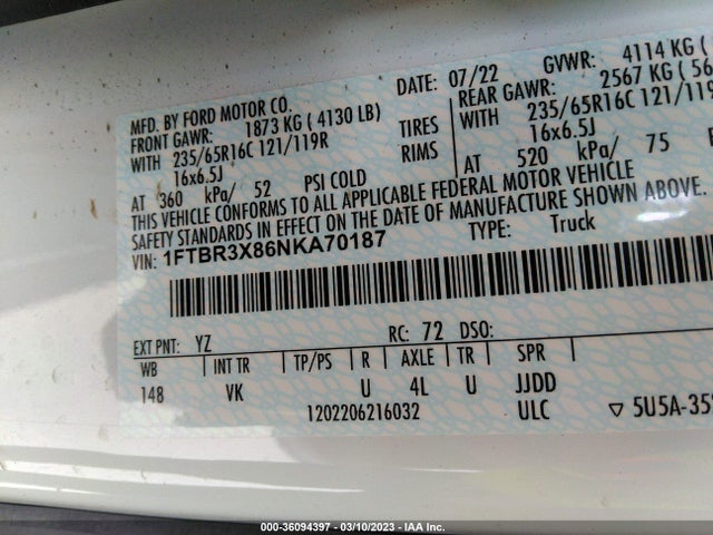 2022 Ford Transit, VIN: 1FTBR3X86NKA70187