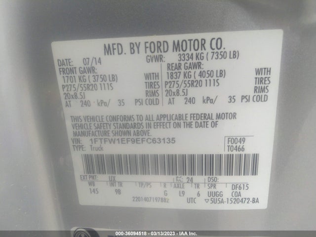 2014 FORD F-150 XL/XLT/STX/FX4/LARIAT VIN: 1FTFW1EF9EFC63135