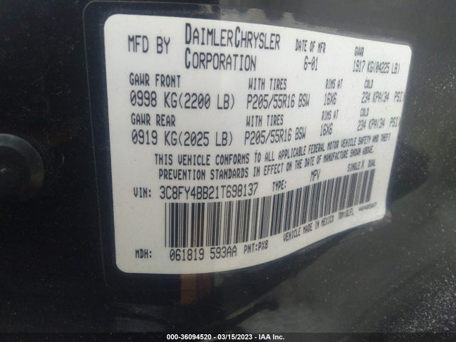 2001 CHRYSLER PT CRUISER VIN: 3C8FY4BB21T698137