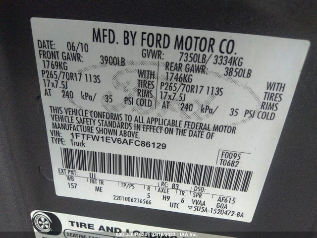 2010 FORD F-150 XL/XLT/FX4/LARIAT VIN: 1FTFW1EV6AFC86129