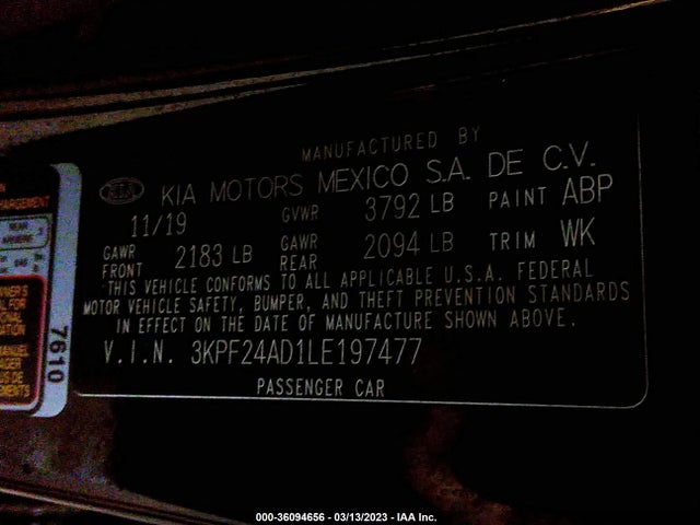 2020 KIA FORTE LXS VIN: 3KPF24AD1LE197477