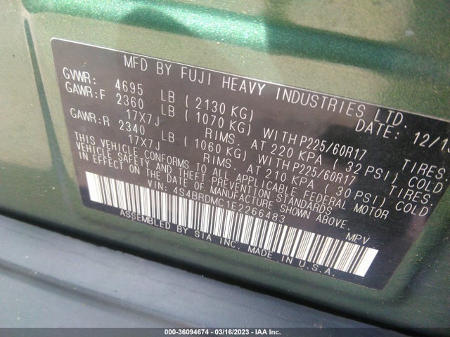 4S4BRDMC1E2266483 Subaru Outback 3.6r Limited