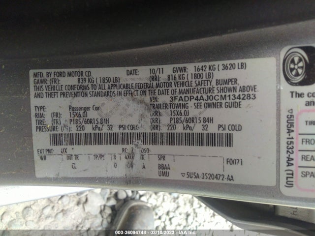 2012 FORD FIESTA S VIN: 3FADP4AJ0CM134283