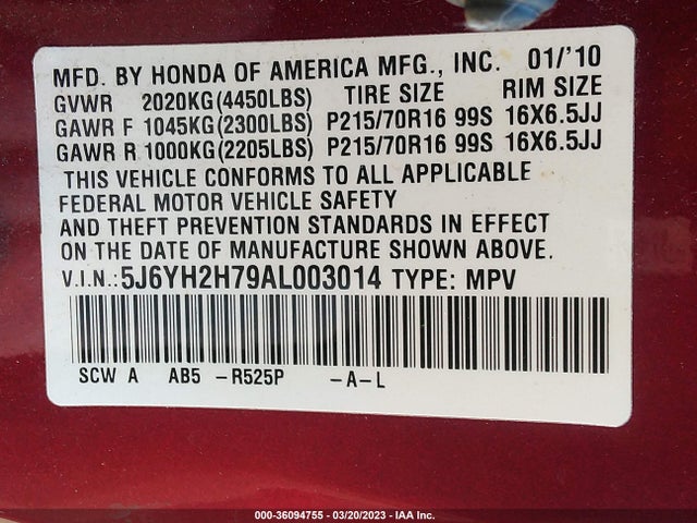 2010 HONDA ELEMENT EX VIN: 5J6YH2H79AL003014