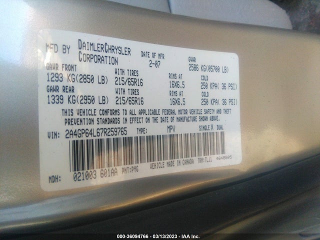 2007 CHRYSLER TOWN & COUNTRY LWB LIMITED VIN: 2A4GP64L67R259765