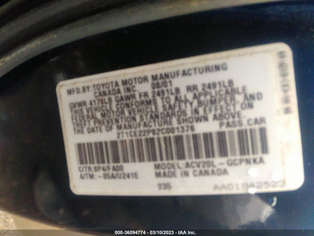 2002 TOYOTA CAMRY SOLARA SE VIN: 2T1CE22P82C001376