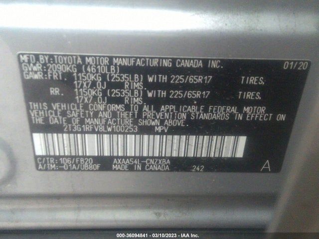 2020 TOYOTA RAV4 LE VIN: 2T3G1RFV8LW100253