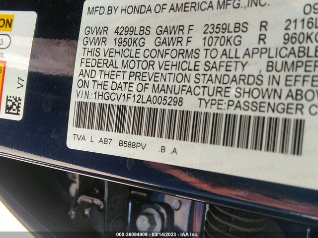 Honda Accord Sedan Lx 2020 1HGCV1F12LA005298 Image 10